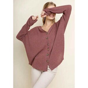 Umgee Womens Sz 1XL Fleece Waffle Knit Button Front Cardigan Sweater Berry Pink